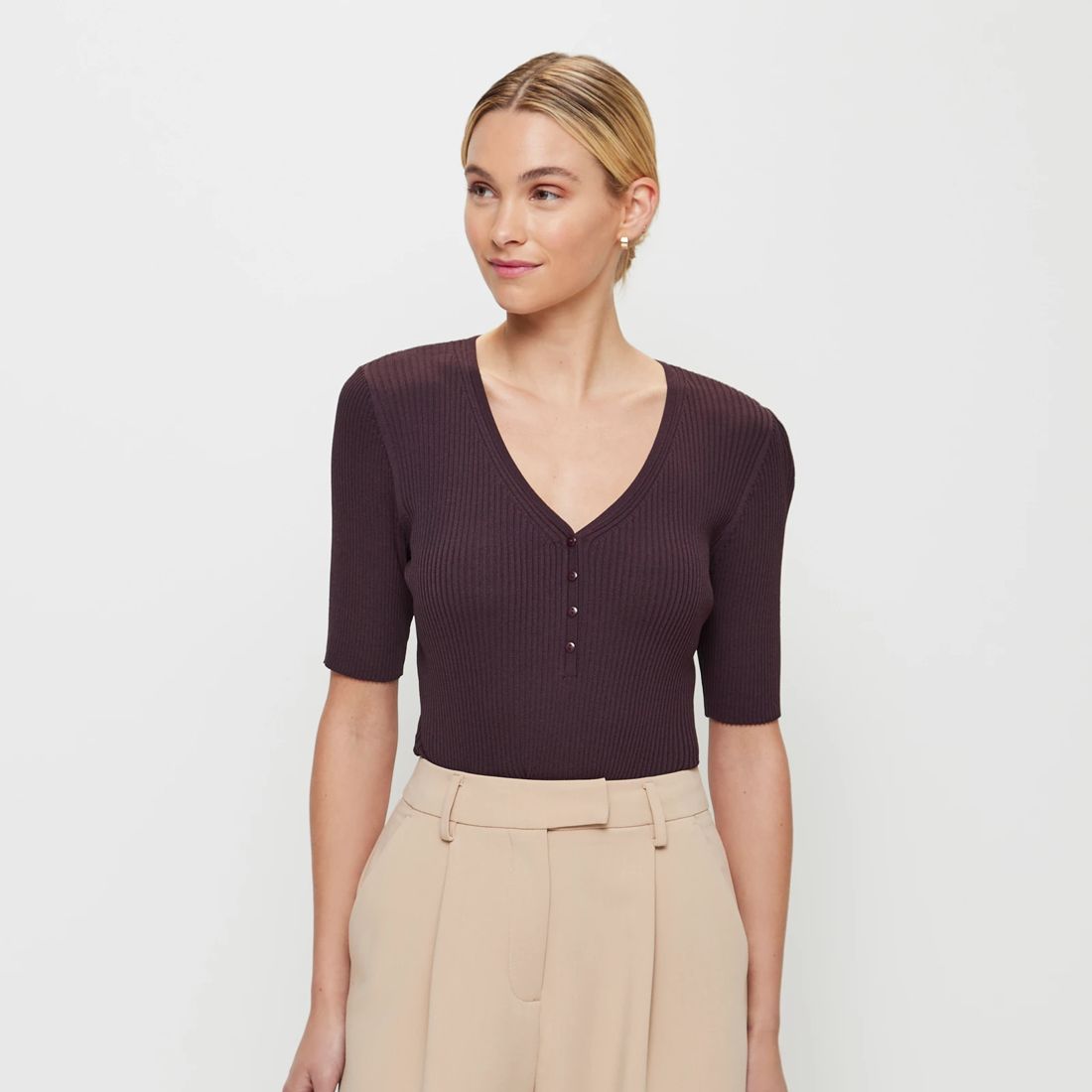 V-Neck Henley Top - Preview - Chocolate Brown | Target Australia