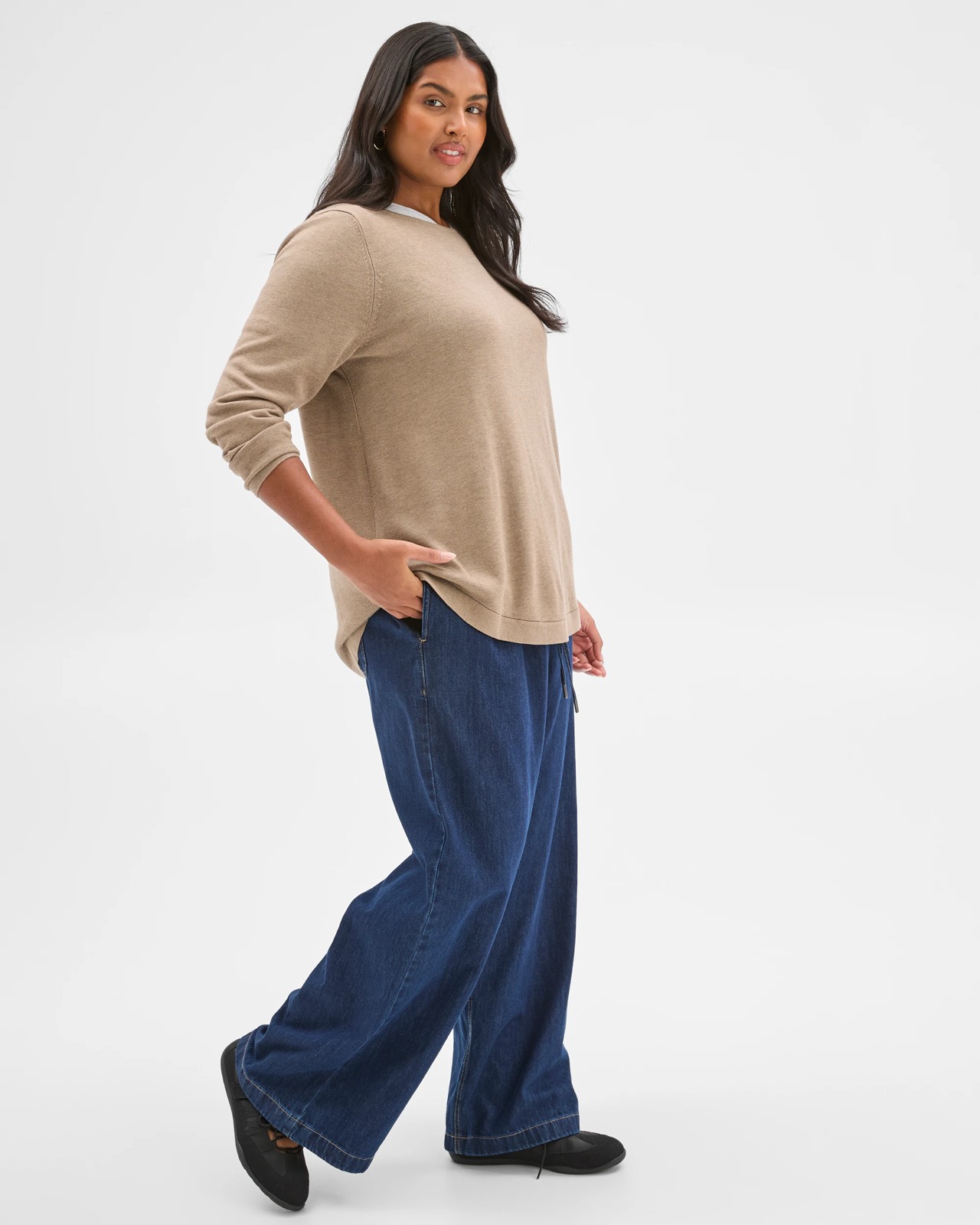 Plus Size Long Sleeve Curve Hem Rib Jumper - Dark Fawn Marle 3 of 5