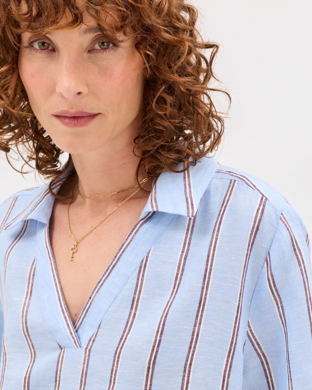 European Linen Short Sleeve A-Line Popover Shirt - Blue / Stripe 3 of 6