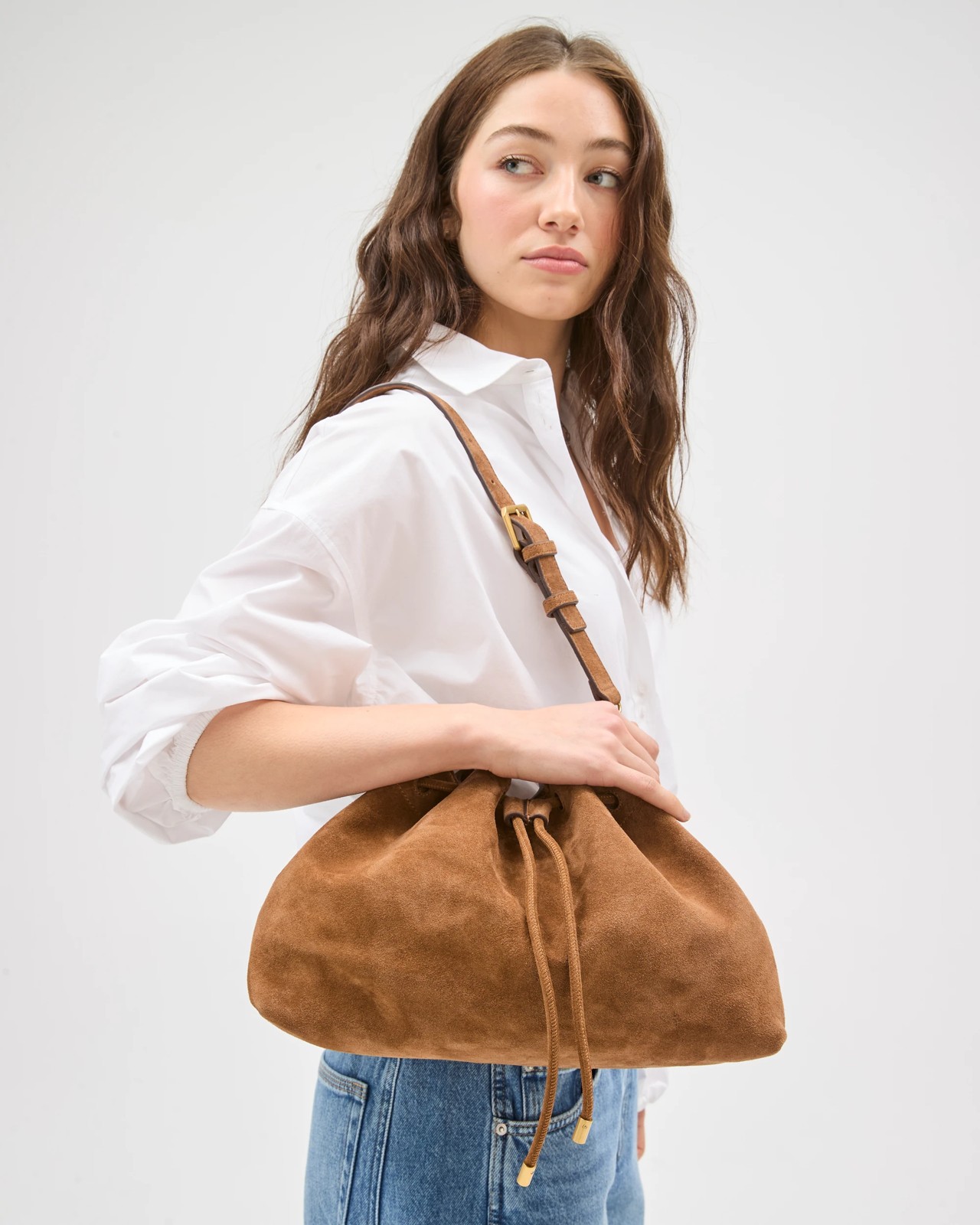 Premium Suede Leather Drawstring Shoulder Bag - Cognac 3 of 3