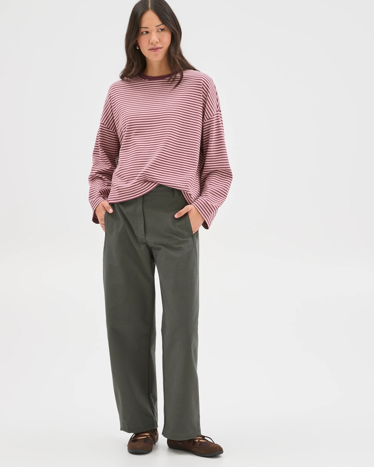 Australian Cotton Long Sleeve Heavyweight Oversized T-Shirt - Pansy/Soft Blush Stripe 2 of 6