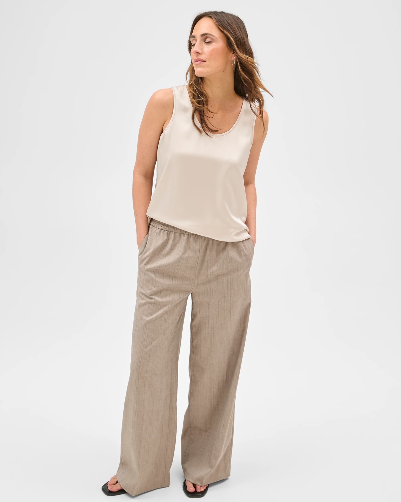 Preview Elastic Waist Tailored Pants - Parchment Broken Stripe 2 of 5