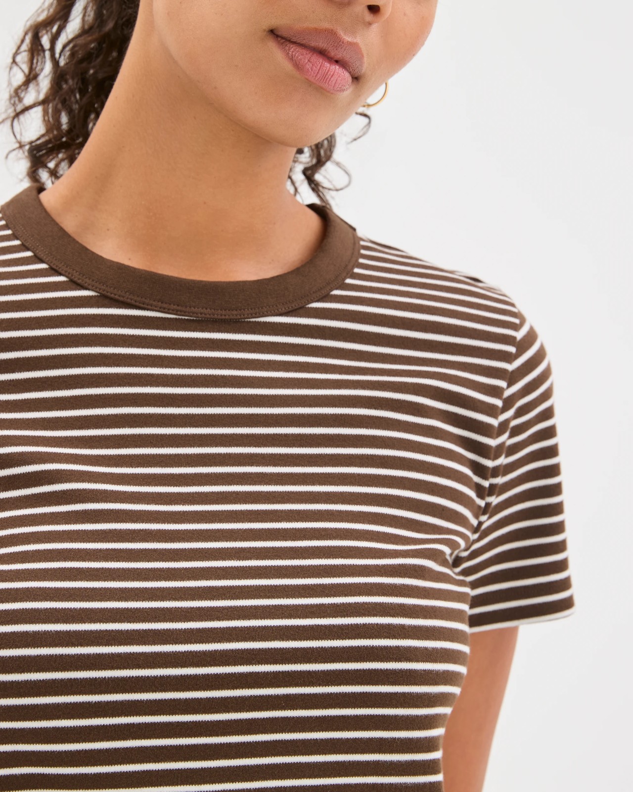 Australian Cotton Interlock Neat T-Shirt - Coffee Bean/Cloud Dancer Stripe 3 of 6