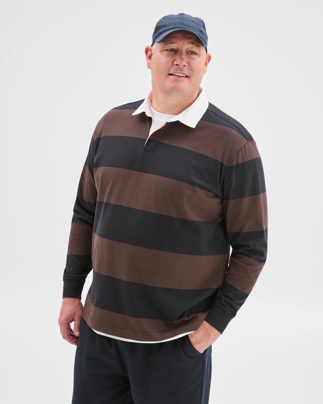 Plus Size Australian Cotton Long Sleeve Rugby Polo Top - Choc Black 2 of 6