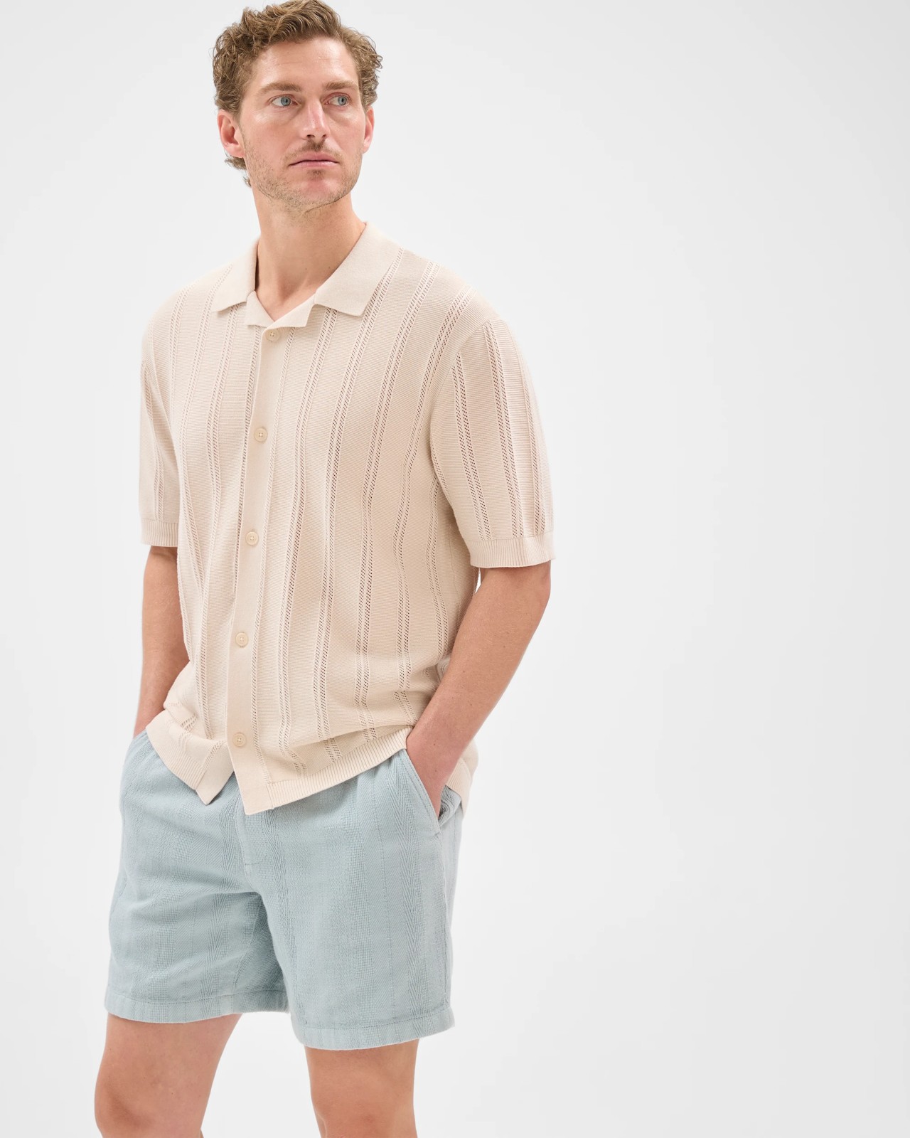 Australian Cotton Textured Stripe Shorts - Blue 2 of 6