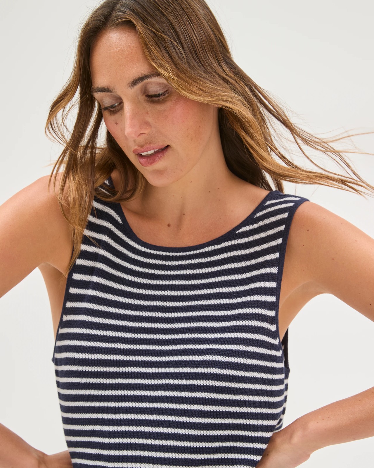 Australian Cotton Blend Resort Sleeveless Knit Mini Dress - Navy Stripe 3 of 5