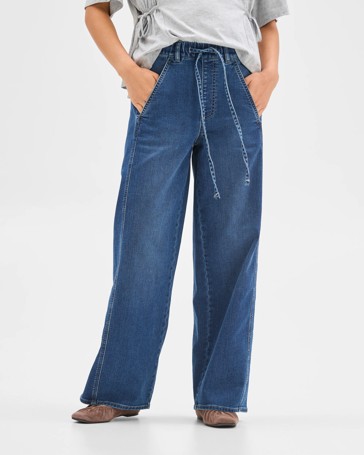Pull On Wide Leg Knit Denim Jeans