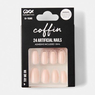 24 Pack Artificial Nails with Adhesive, Coffin Shape, Nude - OXX Cosmetics