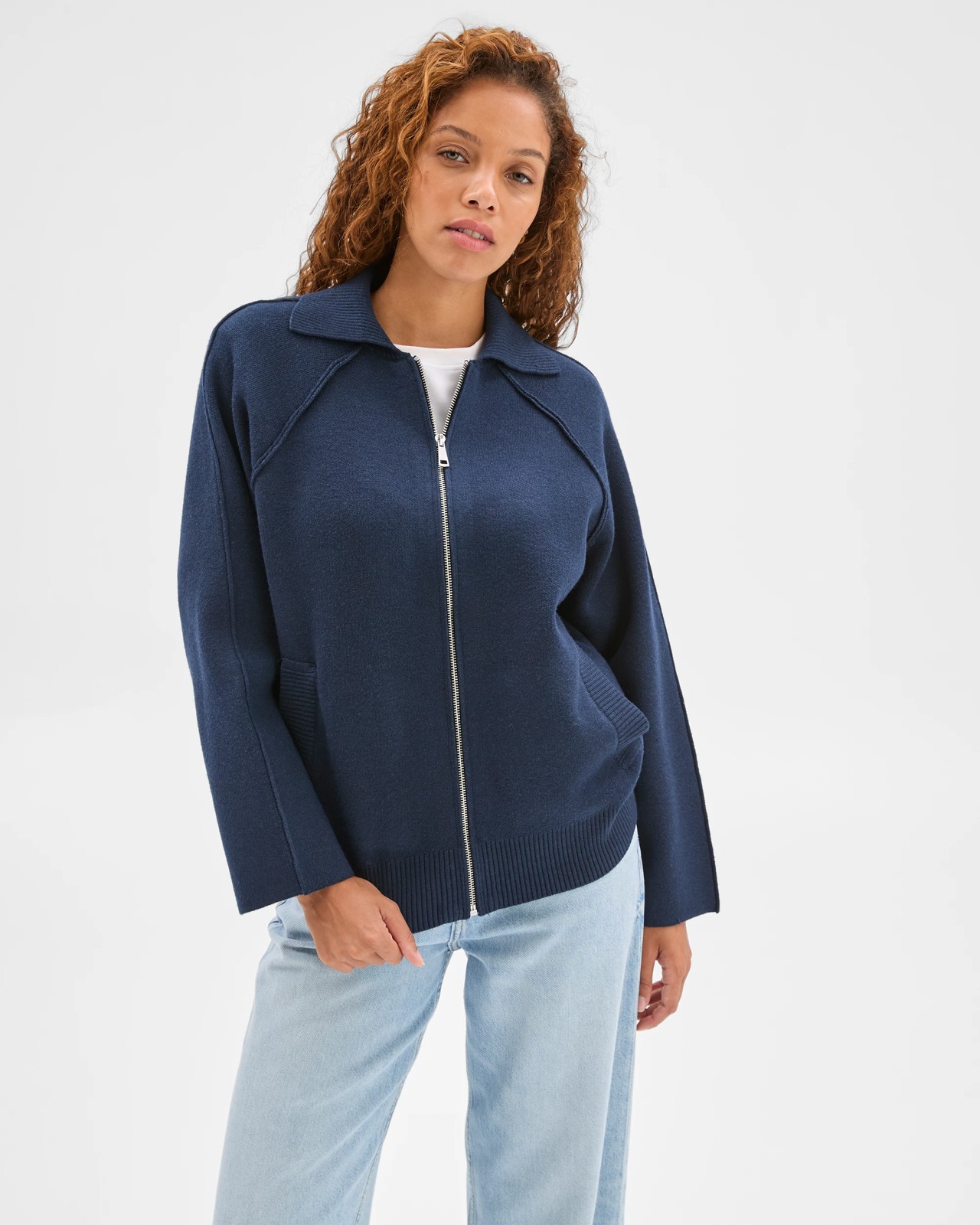 Zip Through Knit Bomber Cardigan - Navy Marle 2 of 5