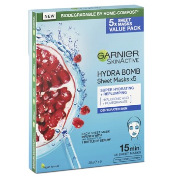 SkinActive 5 Pack Hydra Bomb Sheet Mask, Hyaluronic Acid and Pomegranate - Garnier