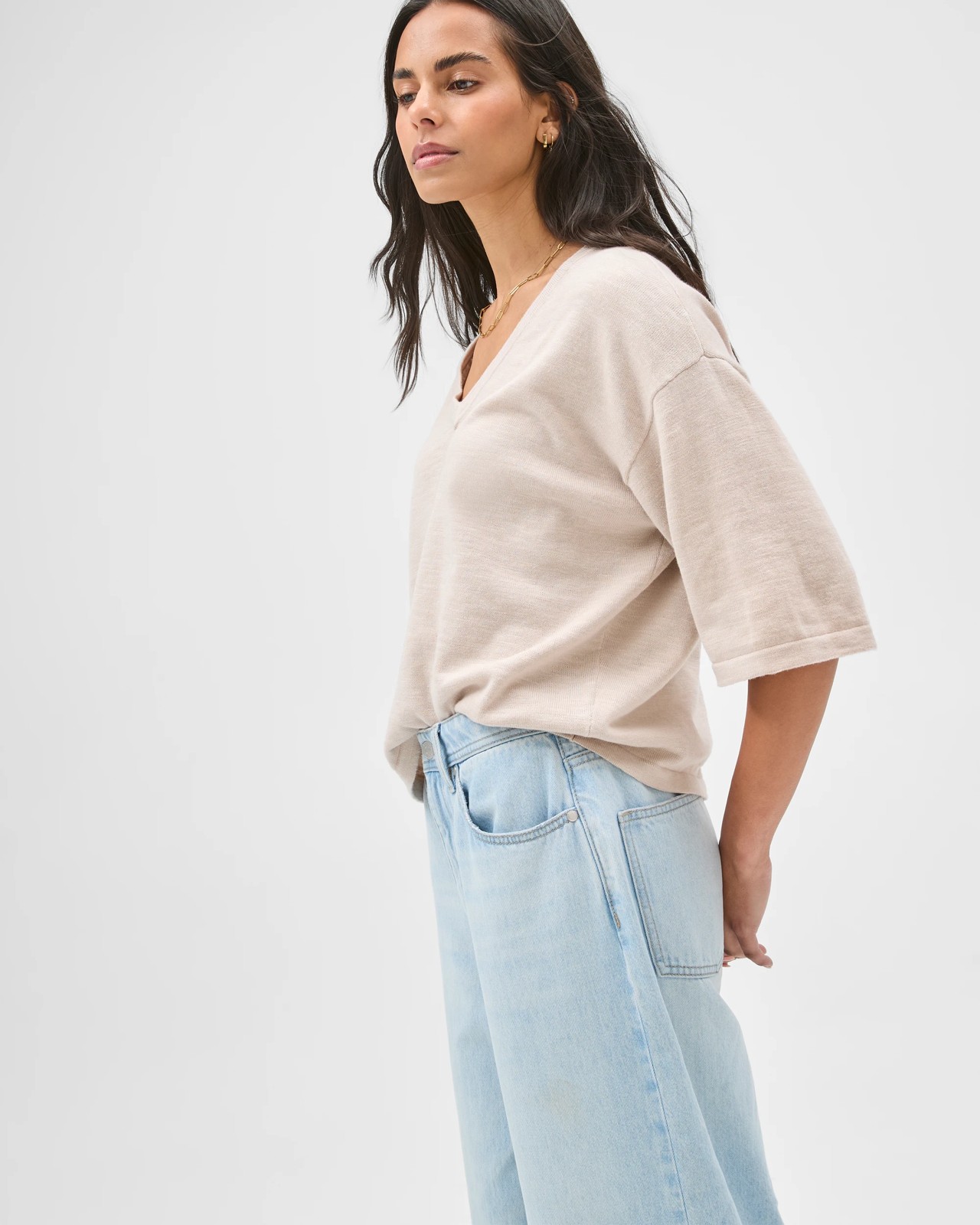 Australian Cotton Blend Boxy V-Neck Knitted T-Shirt - Pebble 4 of 5