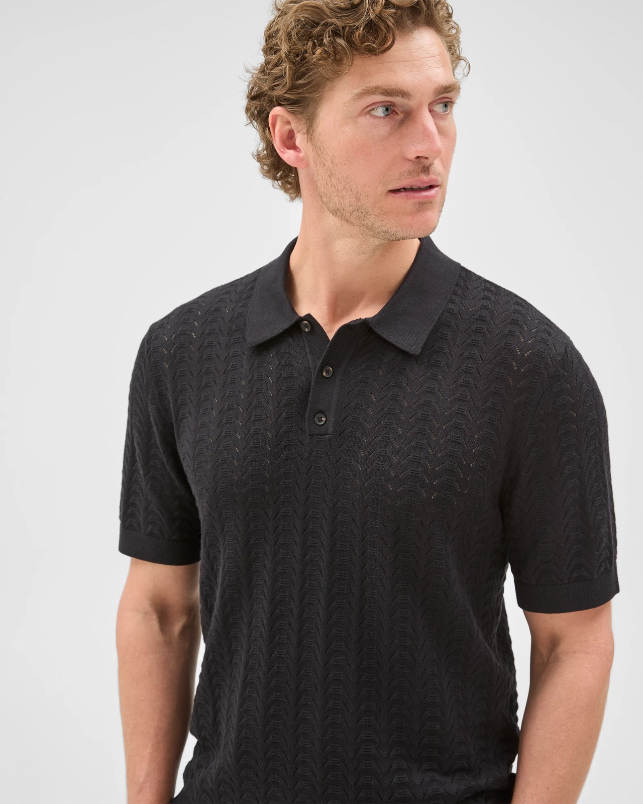 Preview Knitted Textured Polo Top - Black 5 of 6