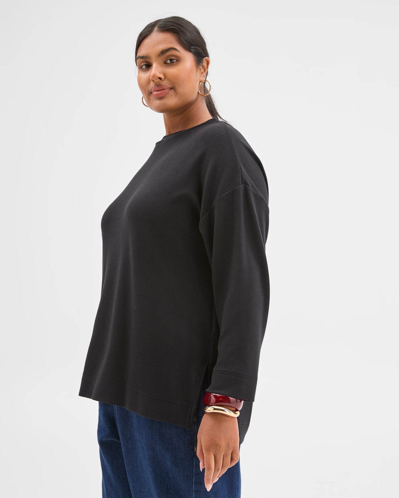 Plus Size Long Sleeve Ottoman Top - Black 2 of 6