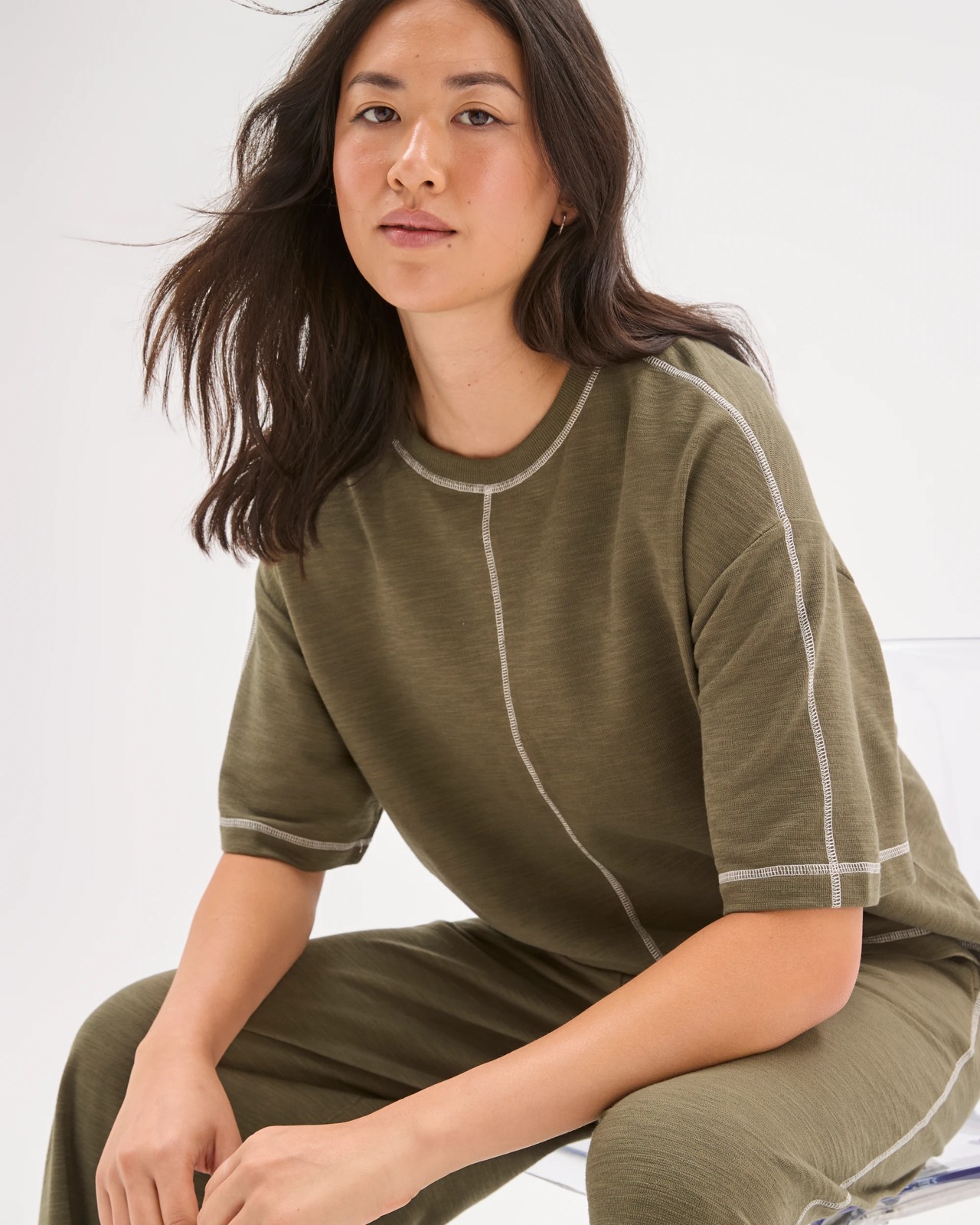 Textured T-Shirt with Contrast Seams - Warm Dust 3 of 5