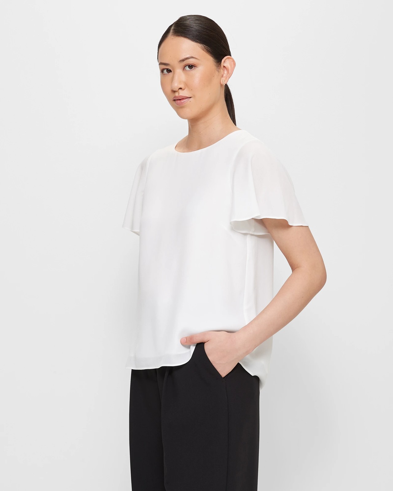 Crew Neck Flutter Sleeve Blouse - Preview - White | Target Australia