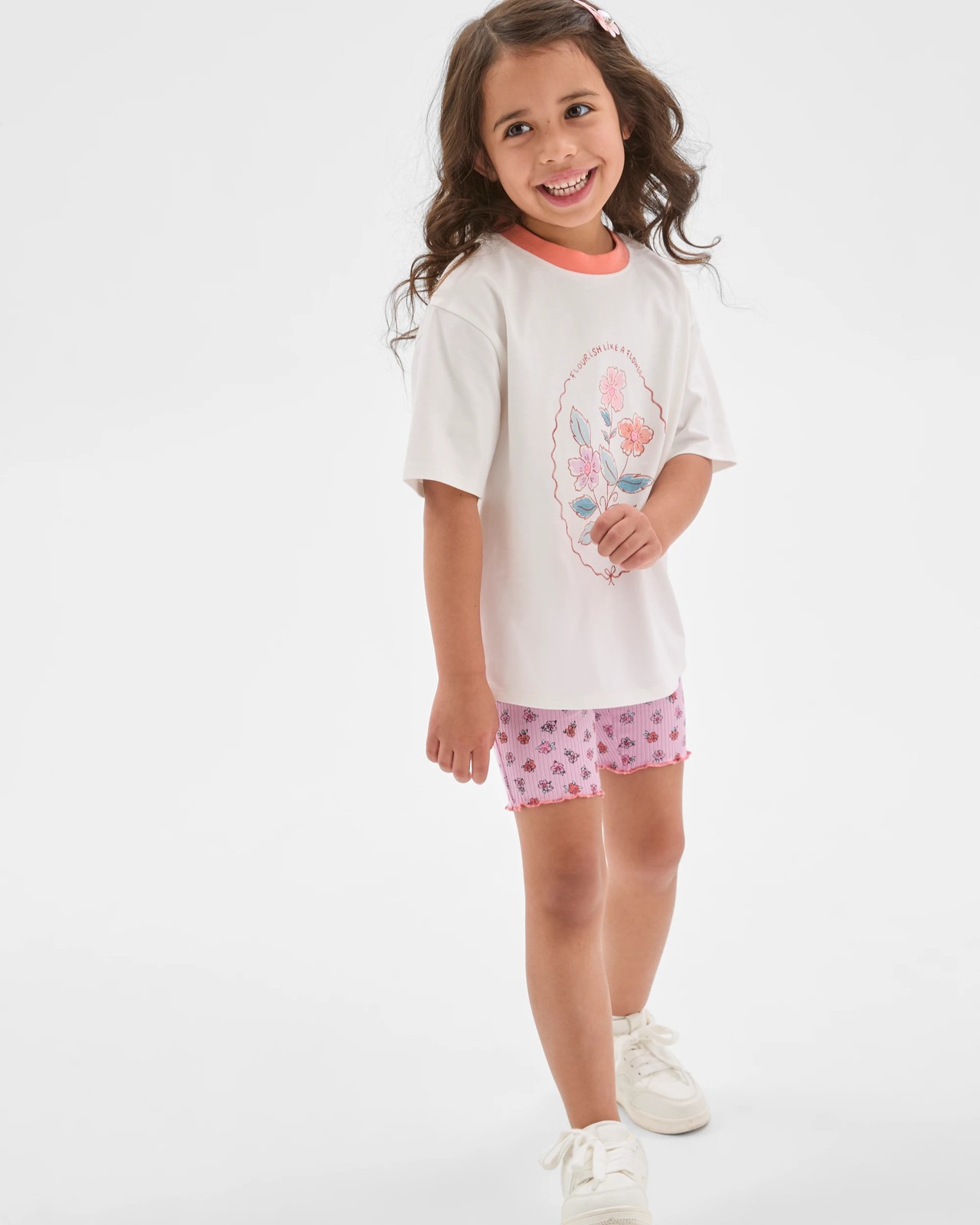 Australian Cotton Blend T-Shirt and Bike Shorts Set - White Floral 3 of 5