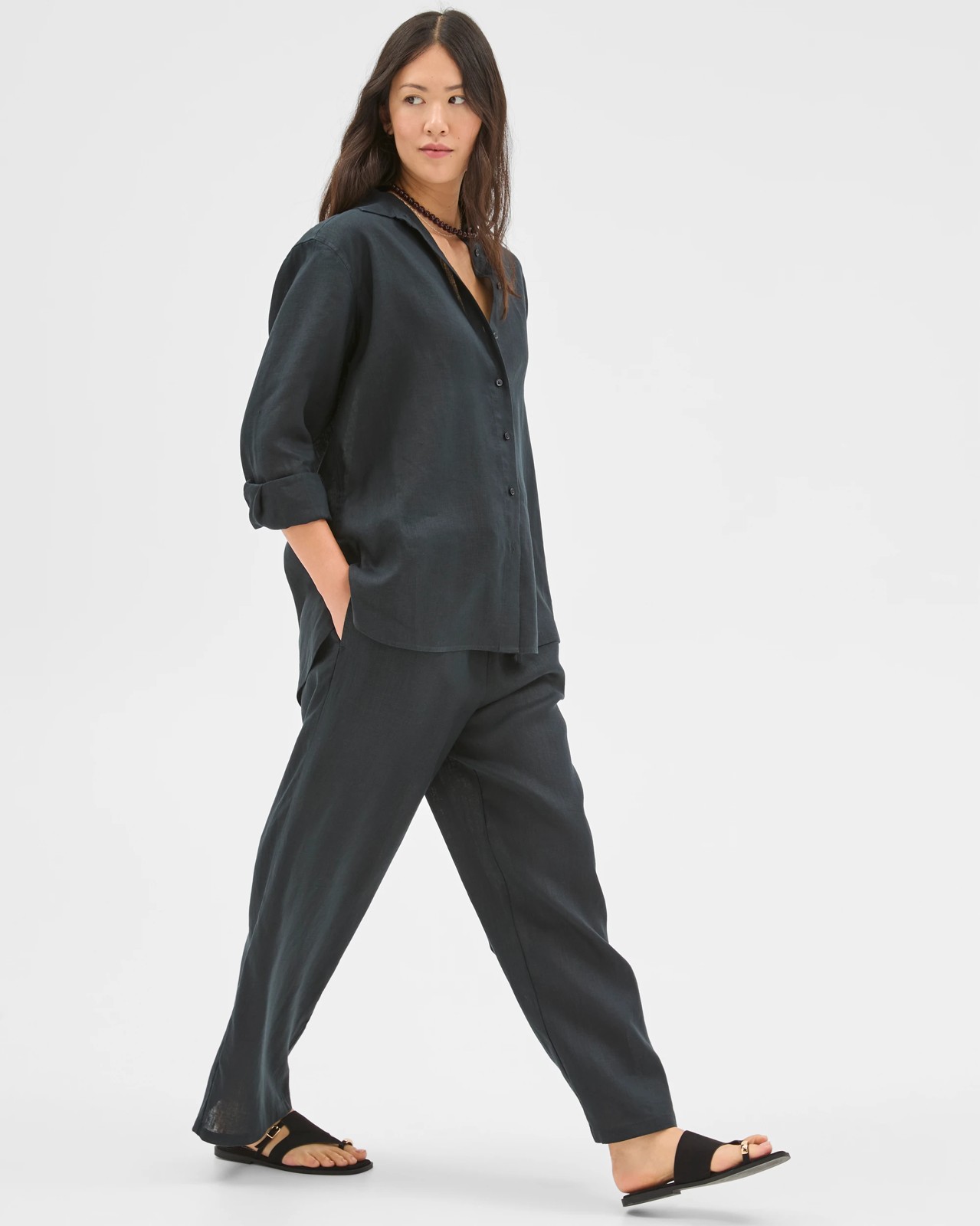 European Linen Wide Leg Pants - Black 2 of 6