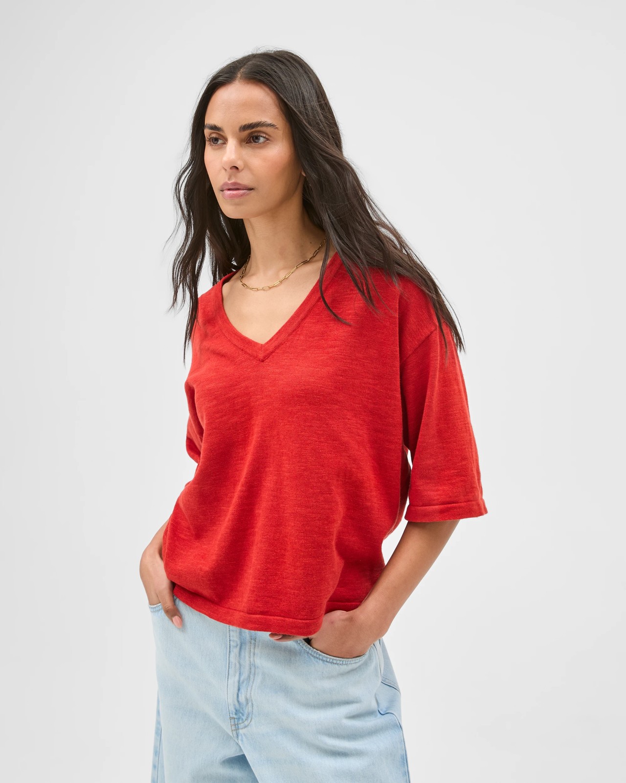 Australian Cotton Blend Boxy V-Neck Knitted T-Shirt - Warm Terracotta 3 of 5