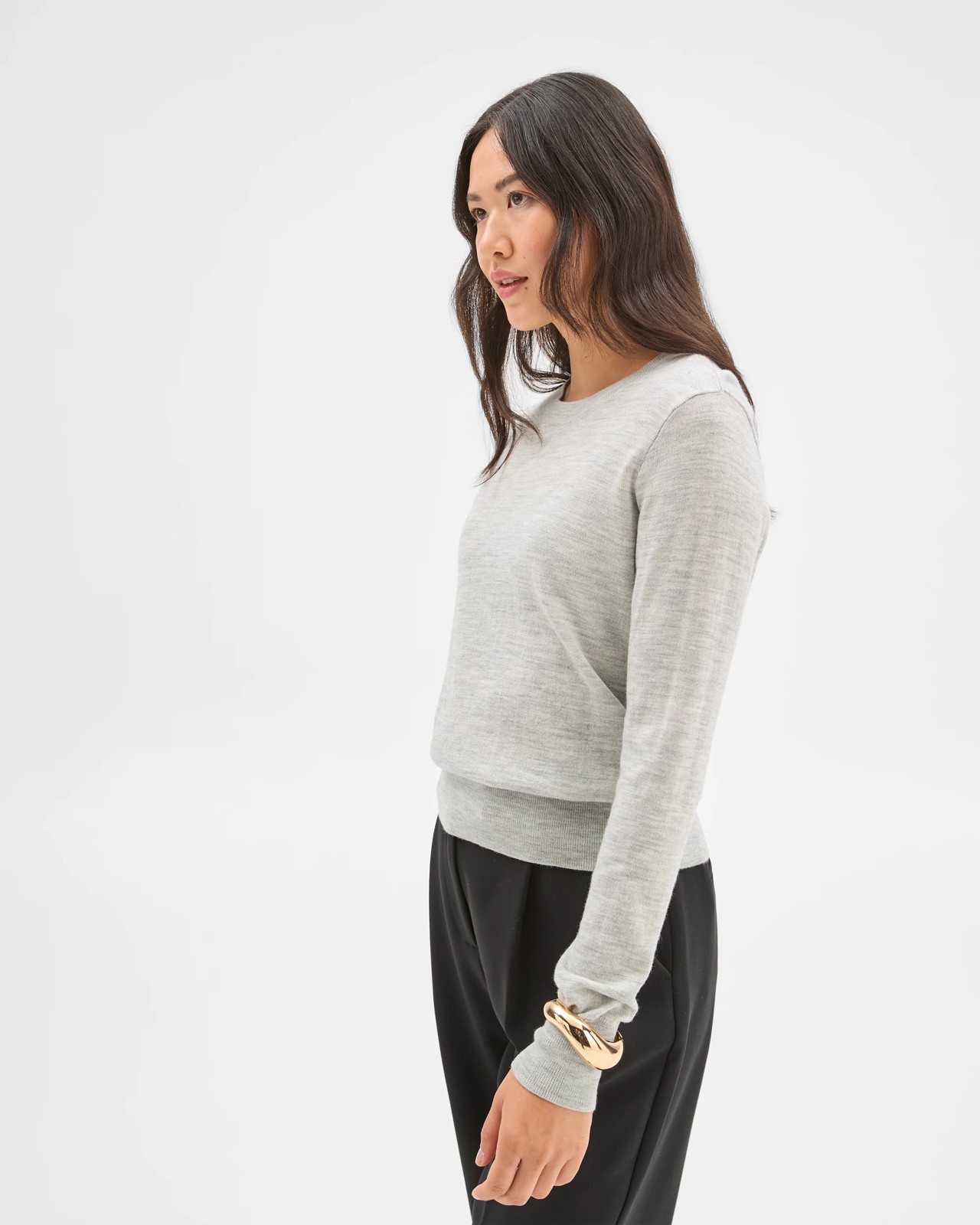 Preview Merino Crew Neck Stitch Detail Knit Sweater - Grey 4 of 6