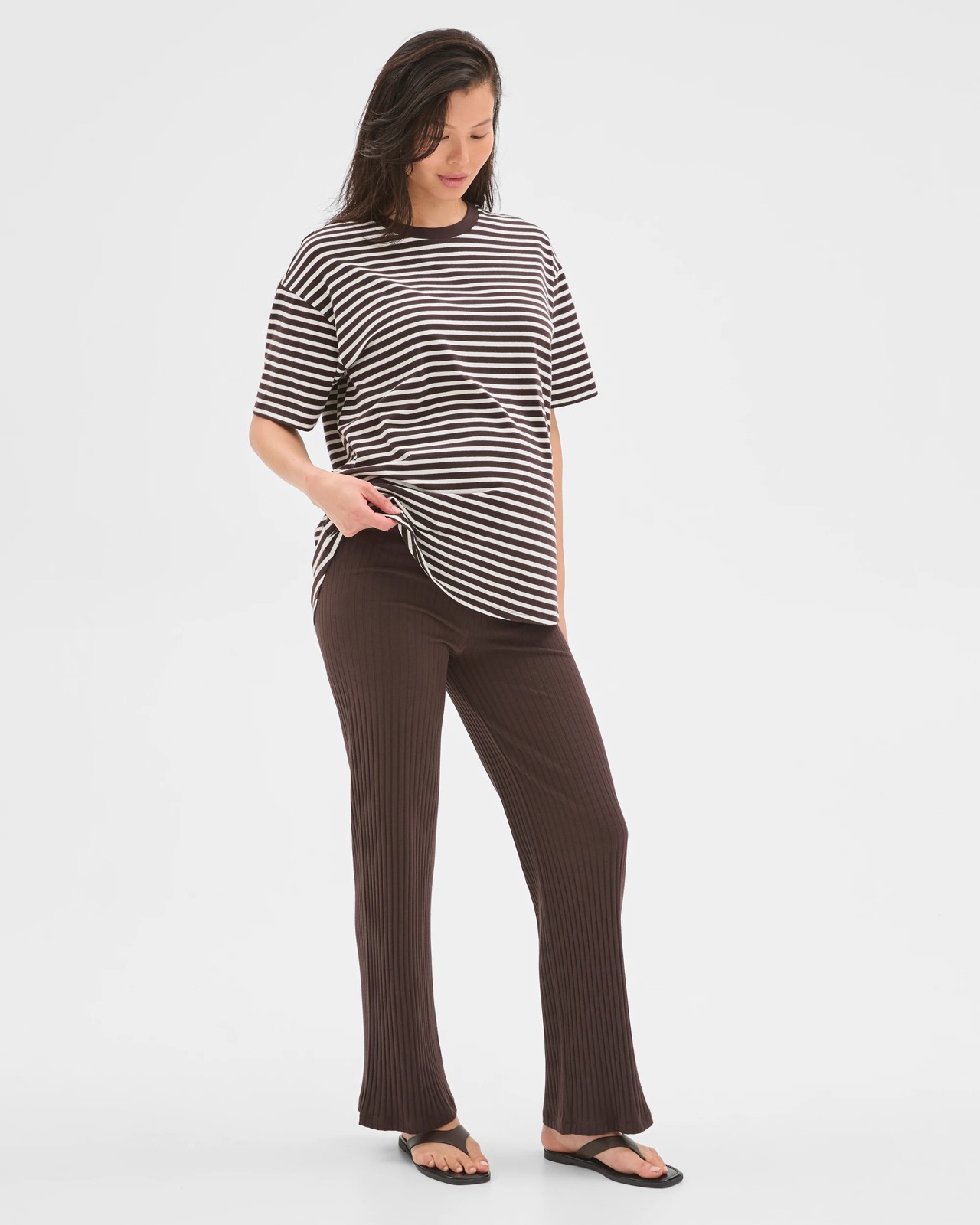 Maternity Australian Cotton Crew Neck T-Shirt - Chocolate/White Stripe 2 of 5