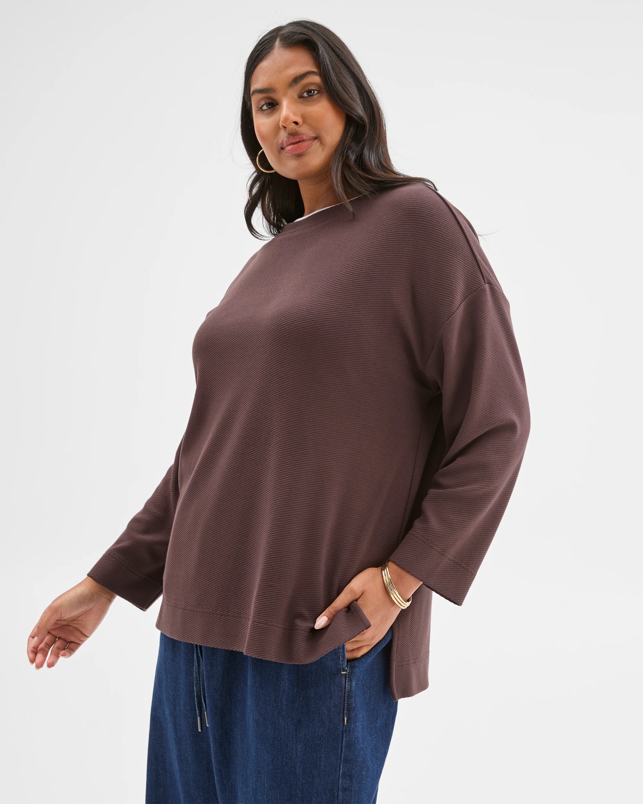 Plus Size Long Sleeve Ottoman Top - Brunette 3 of 5