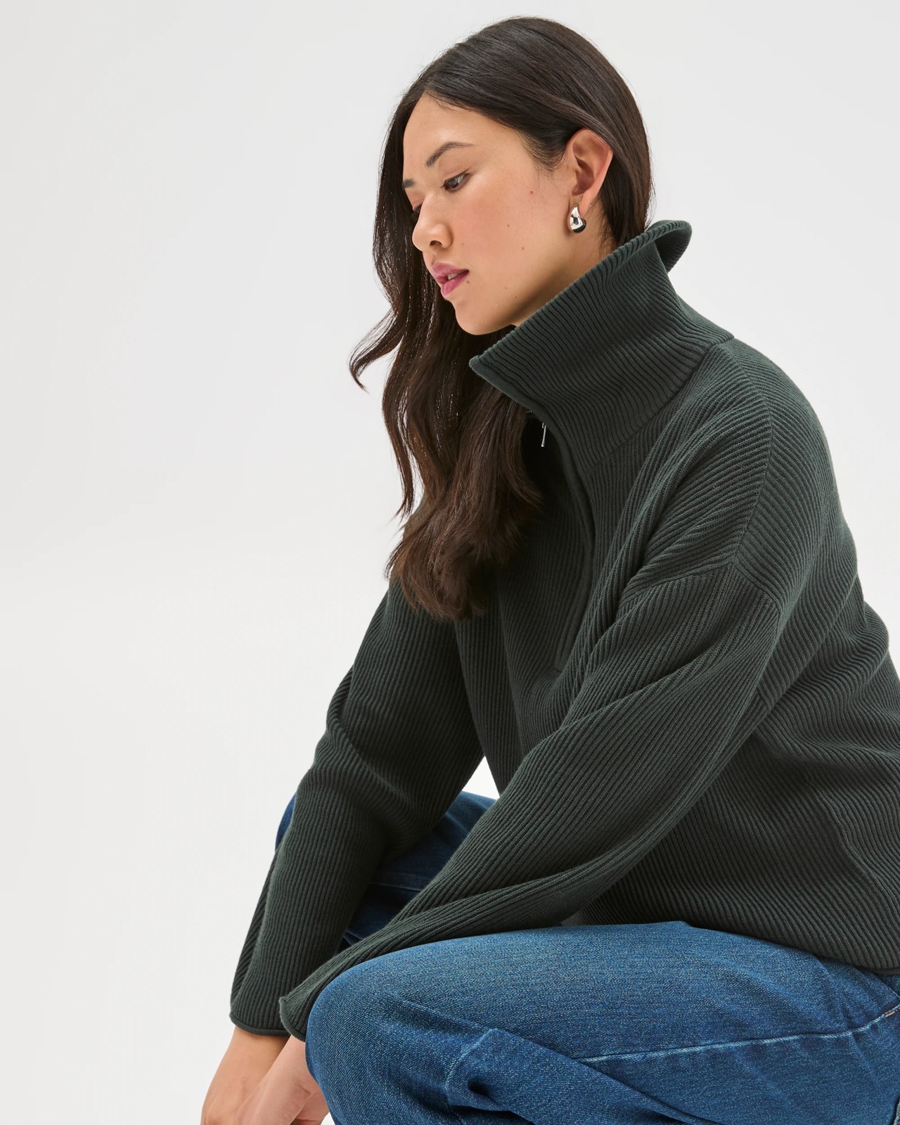 Australian Cotton Blend Zip Collar Sweater - Midnight Jade 5 of 5