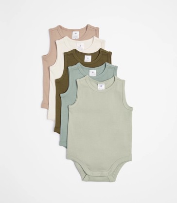 Baby Organic Cotton Rib Sleeveless Bodysuits 5 Pack