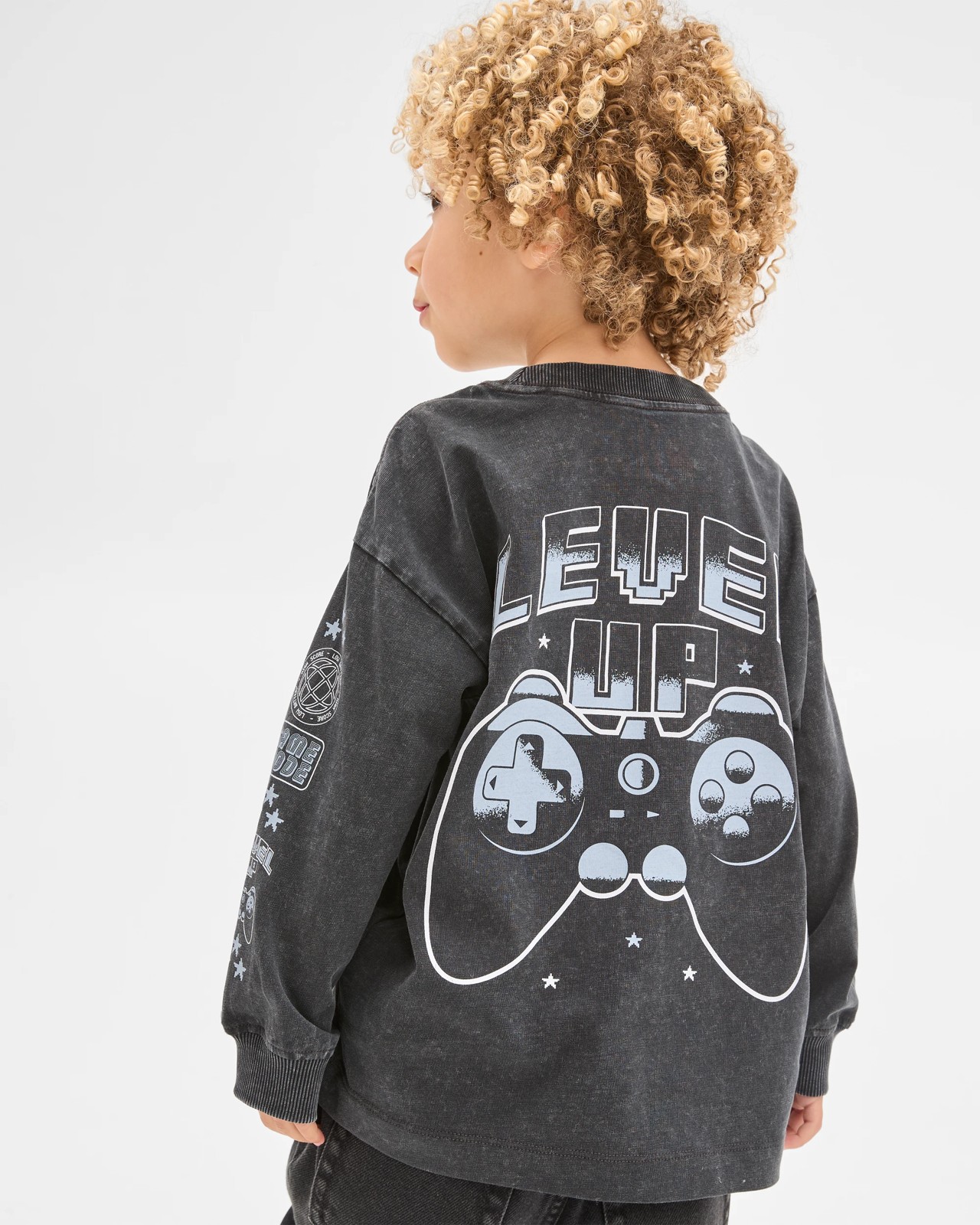 Australian Cotton Long Sleeve Washed Print T-Shirt - Gamer Washed Black 2 of 5