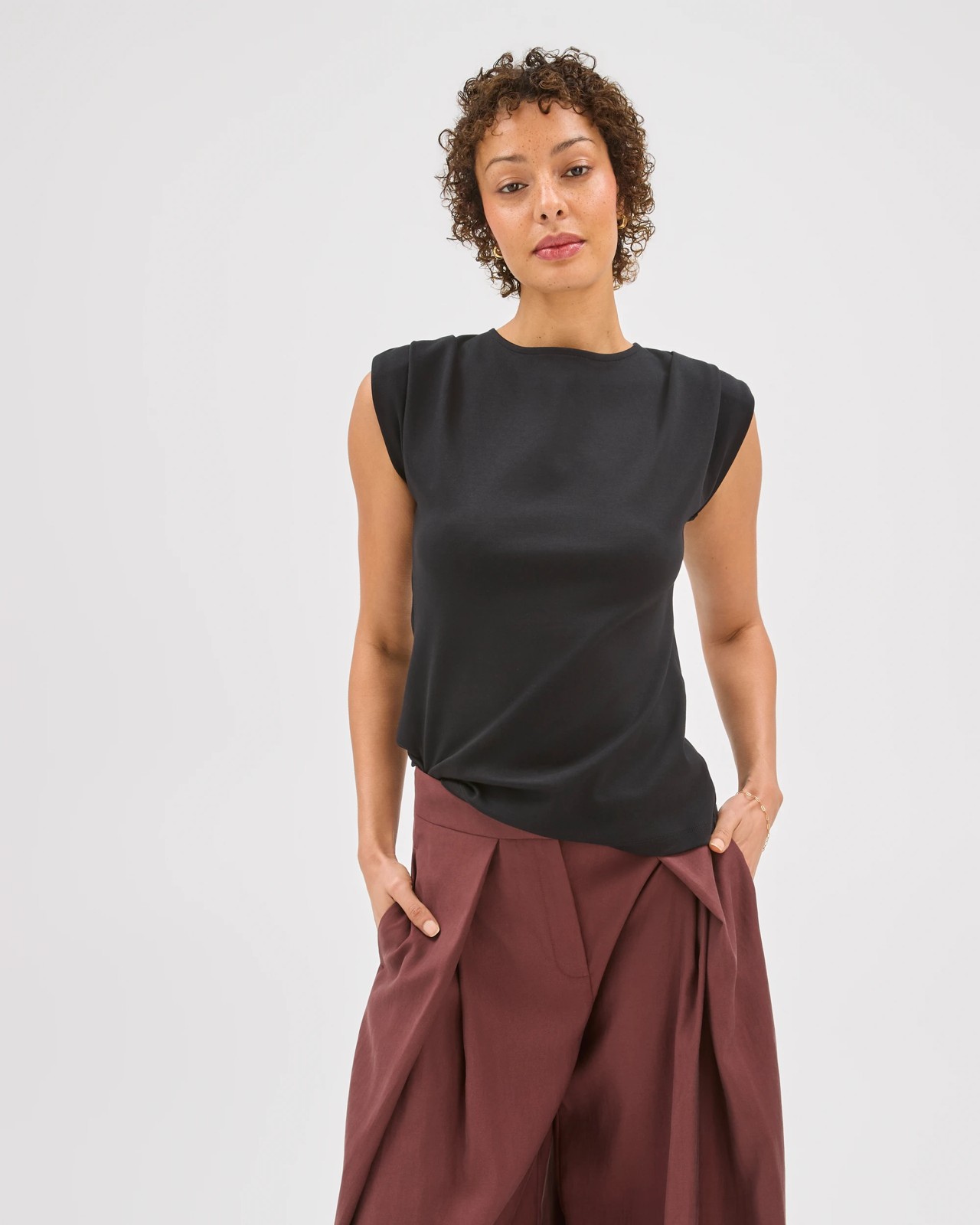 Preview Australian Cotton Sleeveless Shoulder Pad Tuck Detail Top - Black 6 of 6