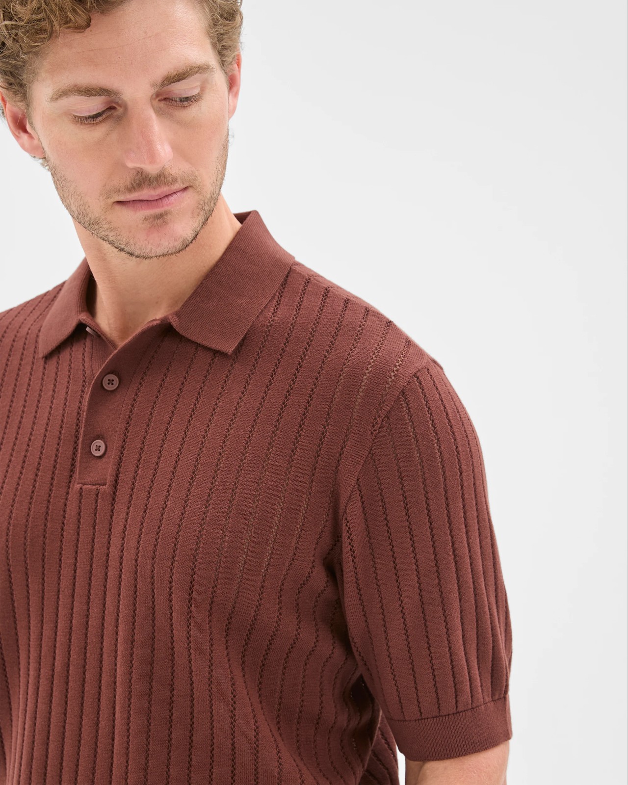 Preview Australian Cotton Pointelle Polo Top - Brown Stone 5 of 6