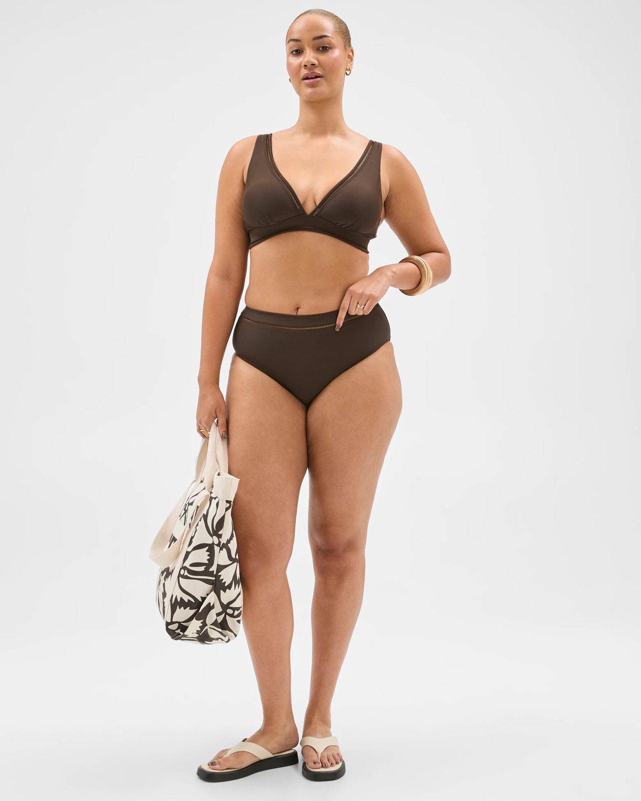 Shape Your Body Resort Ladder Trim V Neck Matte Micro Swim Bikini Top - Cocoa 2 of 6