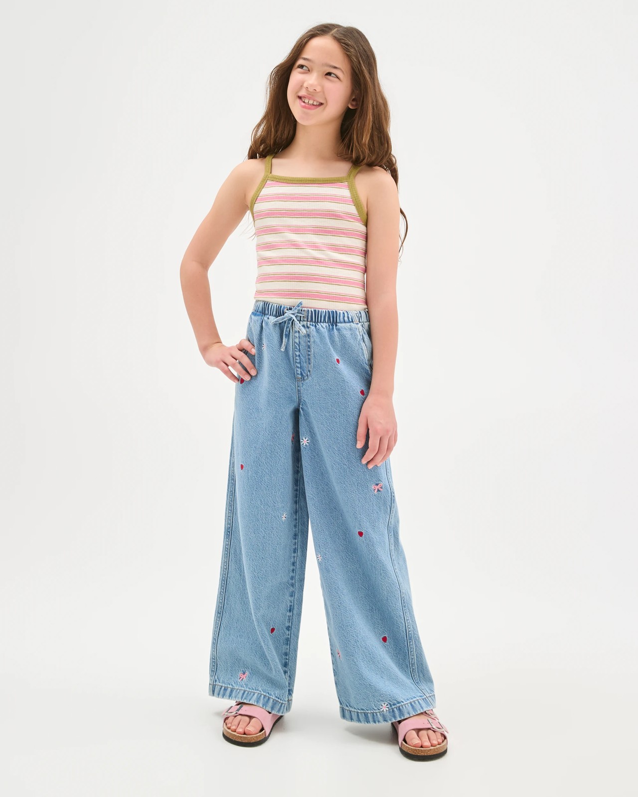 Cotton Embroidered Pull On Wide Leg Denim Pants 2 of 5
