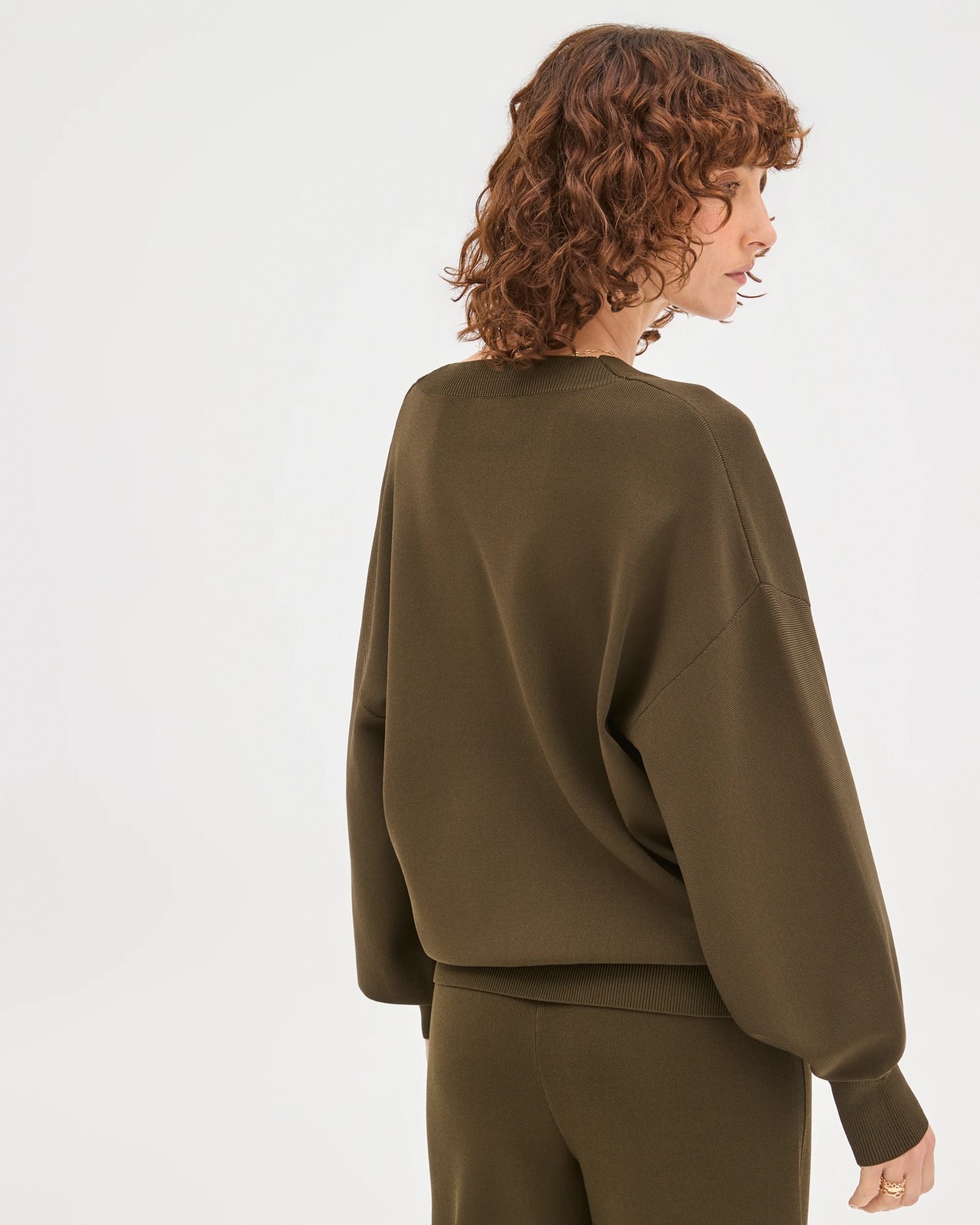 Preview Crepe Knit V-Neck Sweater - Dark Olive 5 of 5