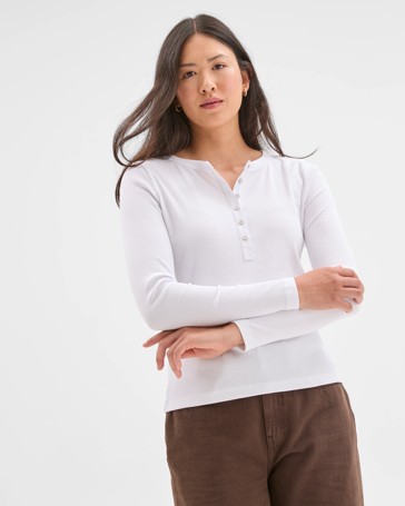 Australian Cotton Long Sleeve Rib Henley T-Shirt