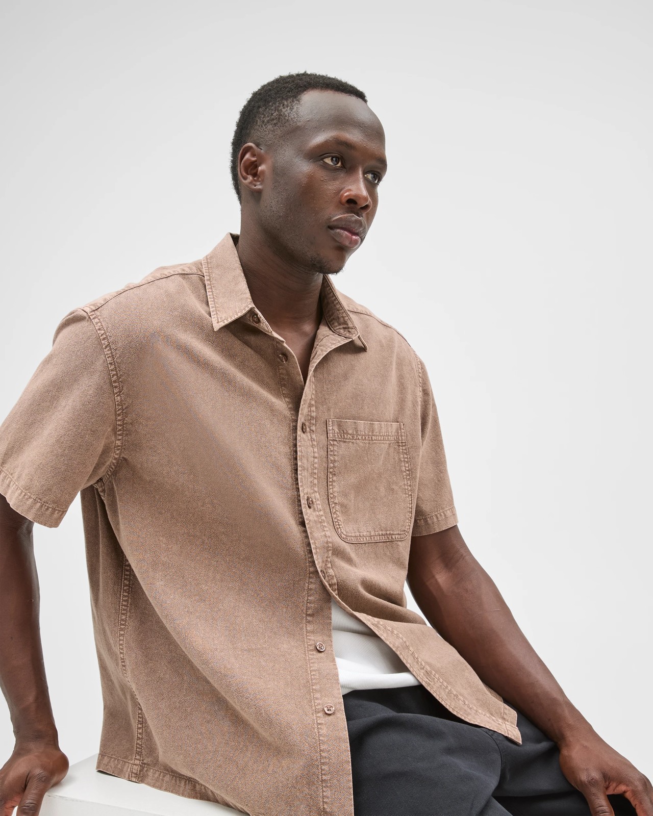 Commons Australian Cotton Plain Textured Boxy Fit Short Sleeve Shirt - Chocolate 5 of 5
