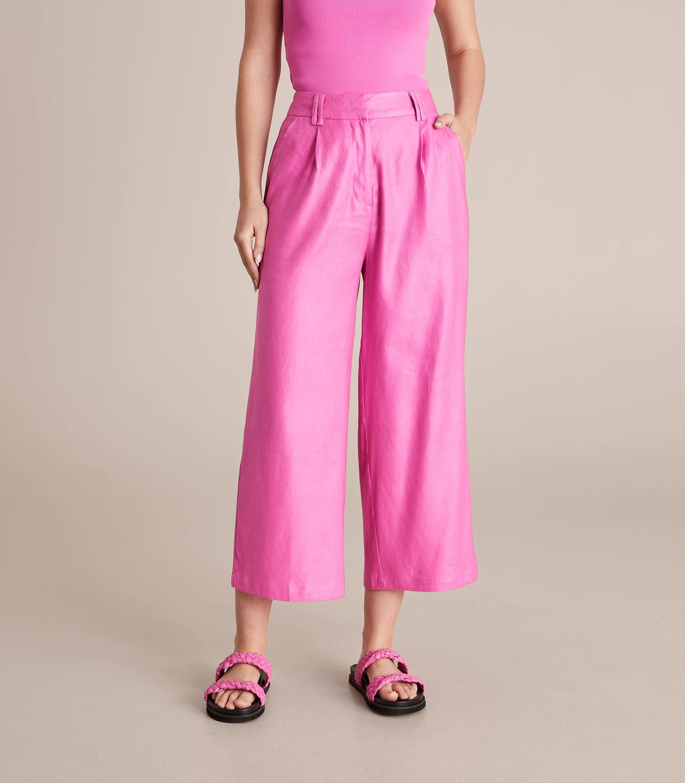 High-Waisted Linen-Blend Cropped Wide-Leg Pants