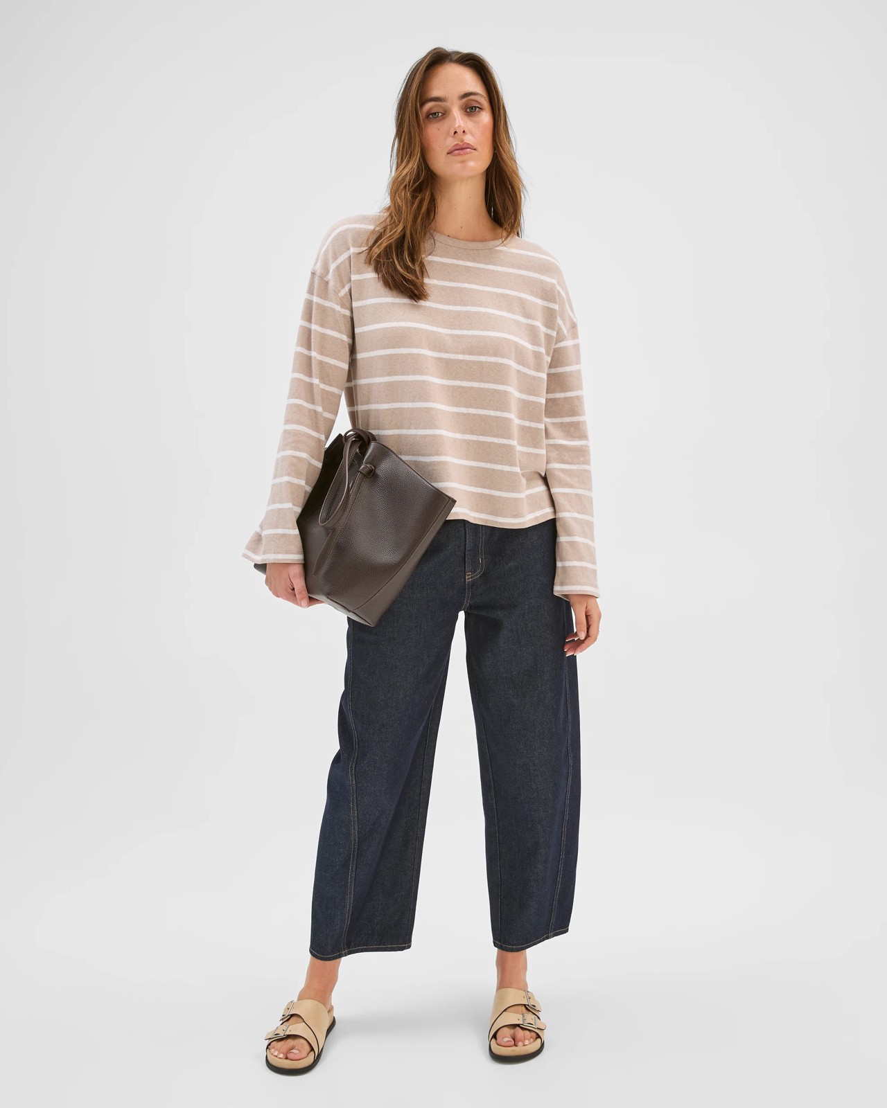 Australian Cotton Long Sleeve Relaxed Slub T-Shirt - Soft Taupe/Pearl Stripe 3 of 6