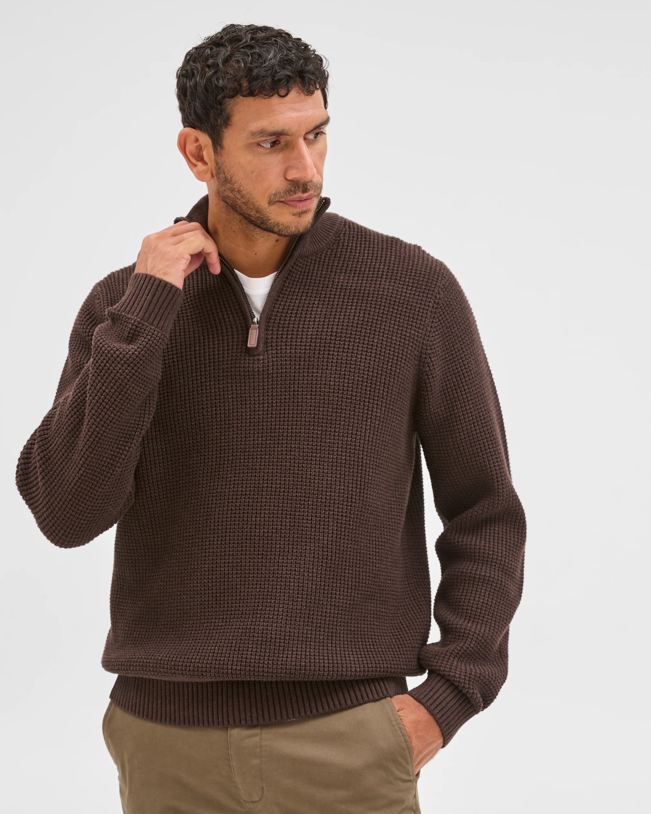 Australian Cotton Midweight 1/2 Zip Knit Sweater - Chocolate 2 of 6