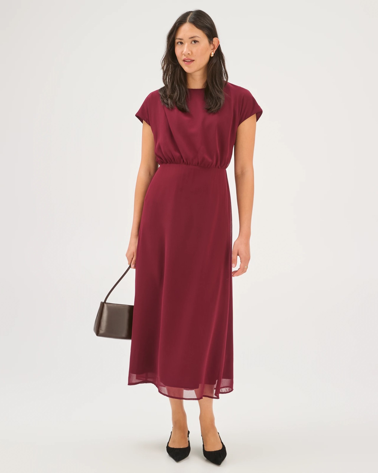 Preview Sheer Drape Front Midi Dress - Sangria 4 of 5