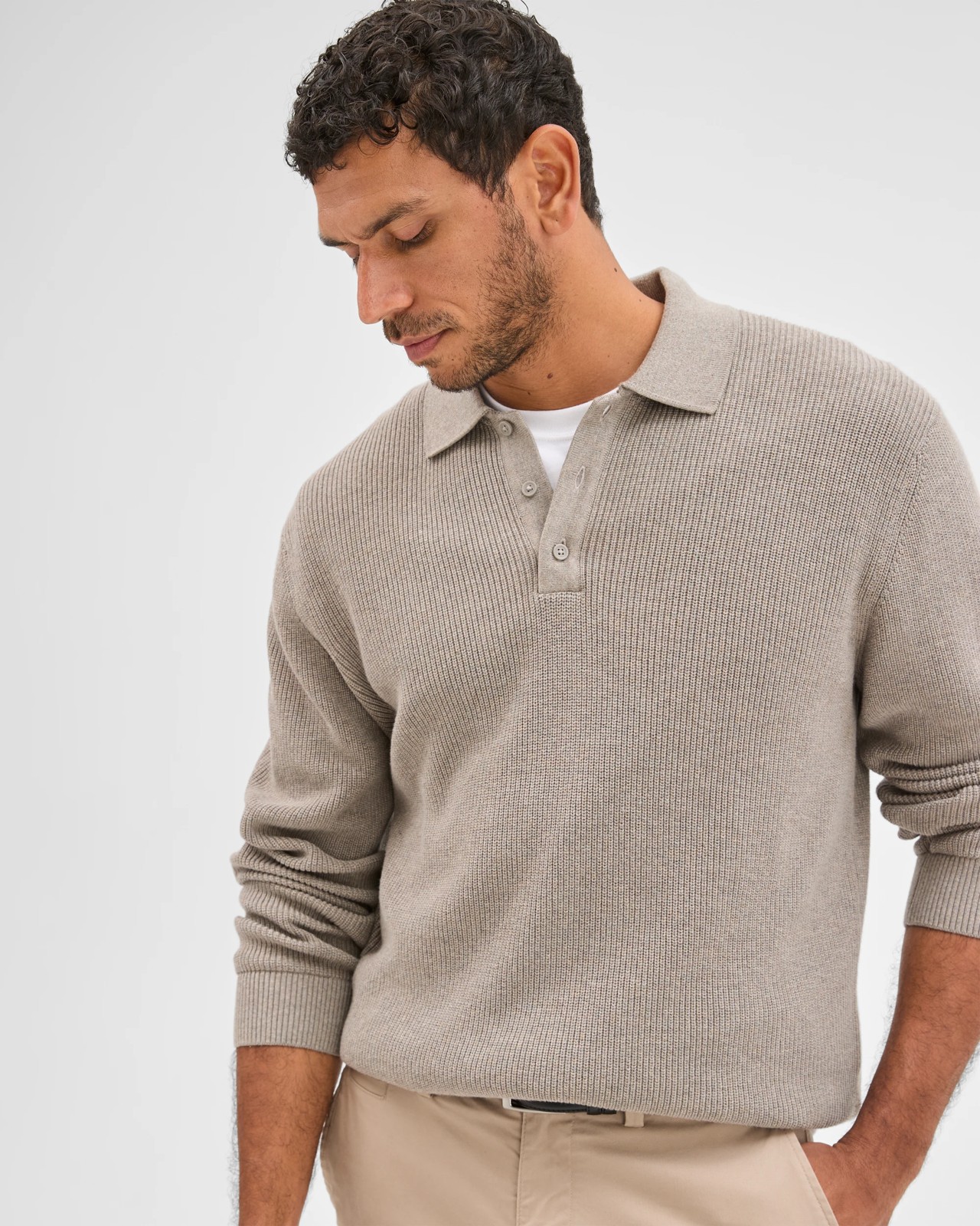 Australian Cotton Lightweight Long Sleeve Polo Neck Knit Sweater - Rock 2 of 6