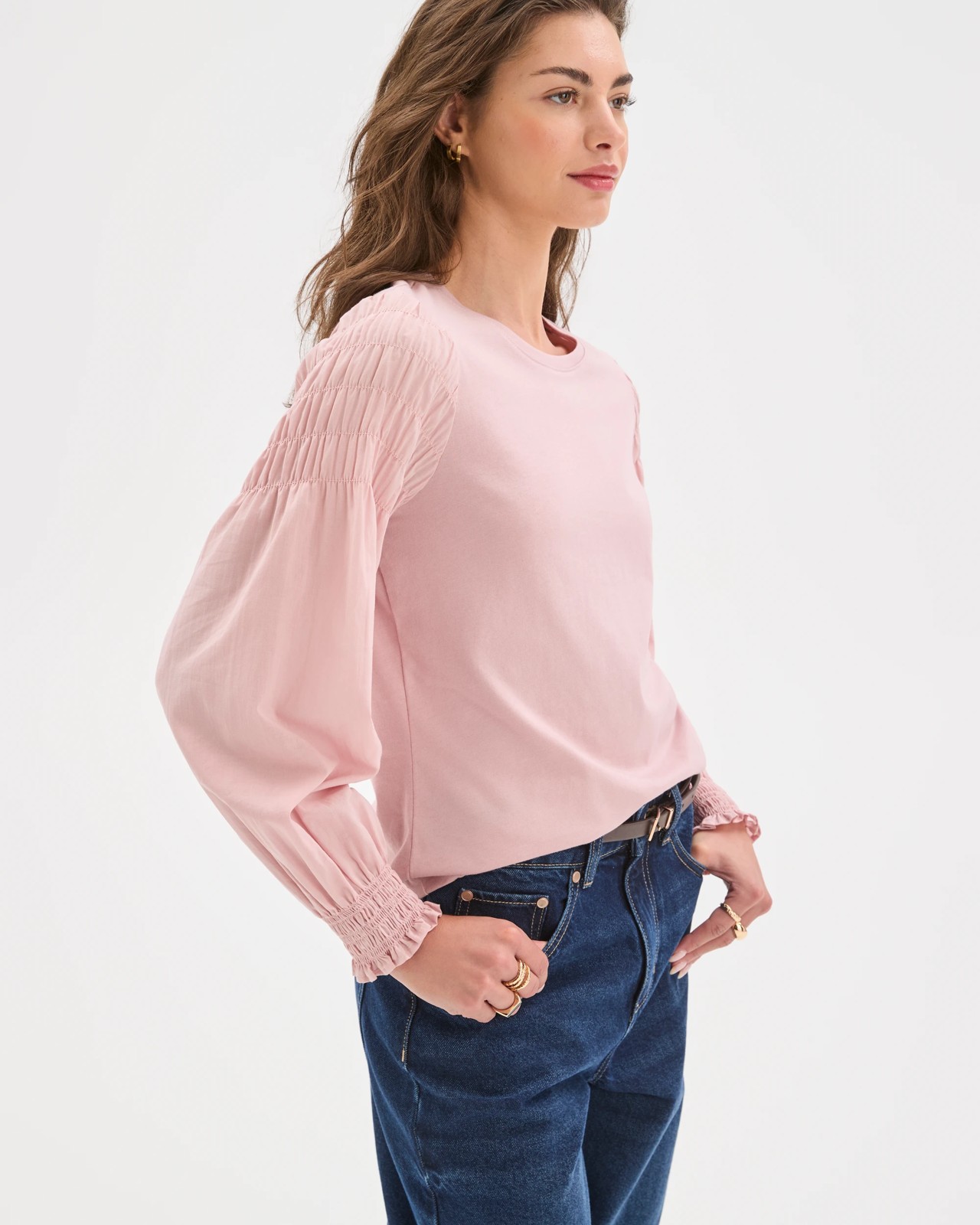 Petites Australian Cotton Long Sleeve Smocked Knit/Woven Top 5 of 5