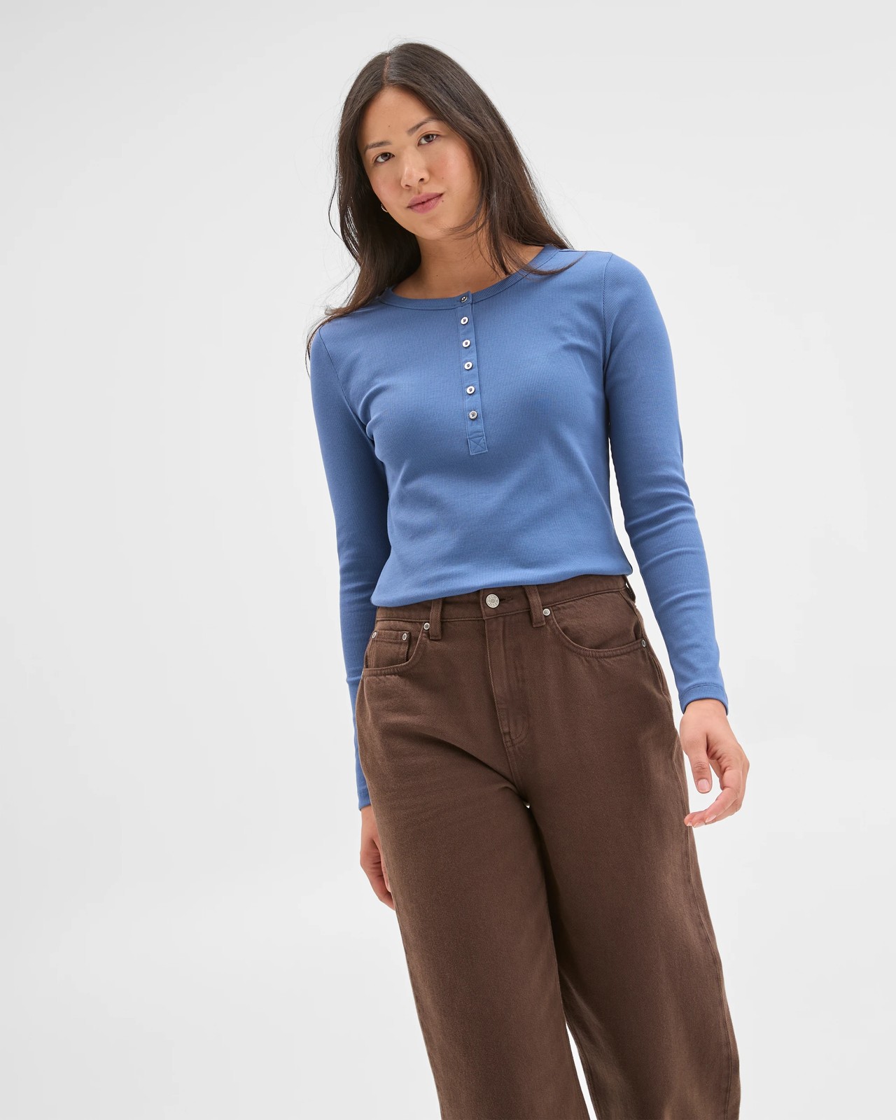 Australian Cotton Long Sleeve Rib Henley T-Shirt - Blue Jay 5 of 5