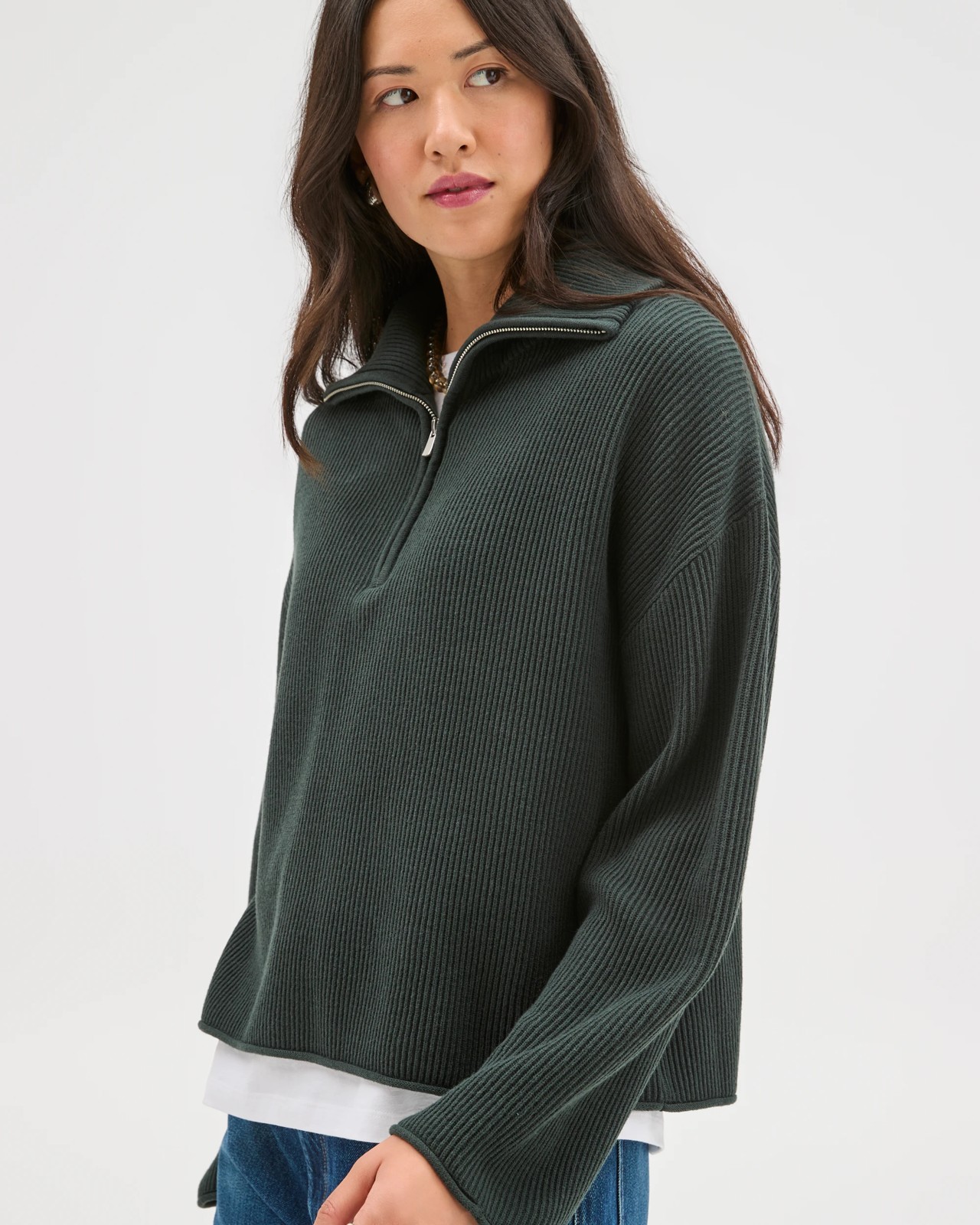 Australian Cotton Blend Zip Collar Sweater - Midnight Jade 4 of 5