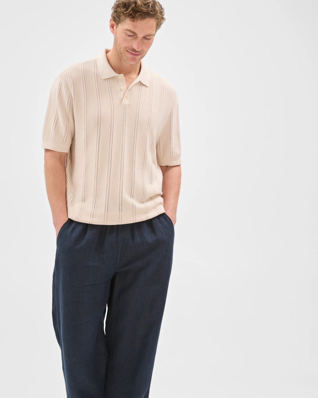 Australian Cotton Textured Stripe Knit Polo Top - Birch 2 of 6