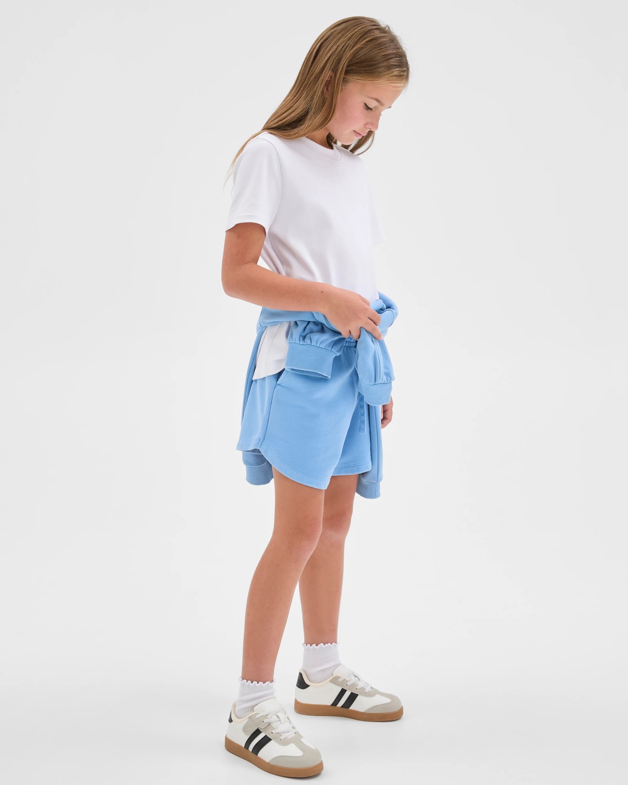 Australian Cotton Blend Curved Hem Fleece Shorts - Della Robbia Blue 2 of 6
