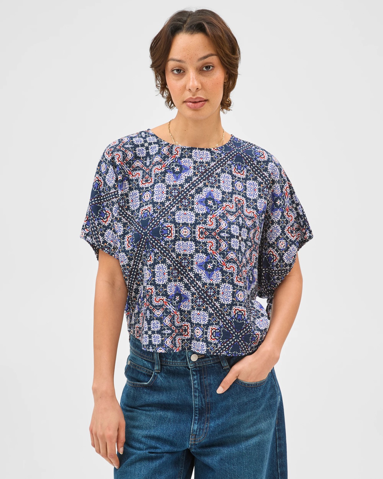 Short Sleeve Tie Detail Blouse - Tile Print 2 of 6