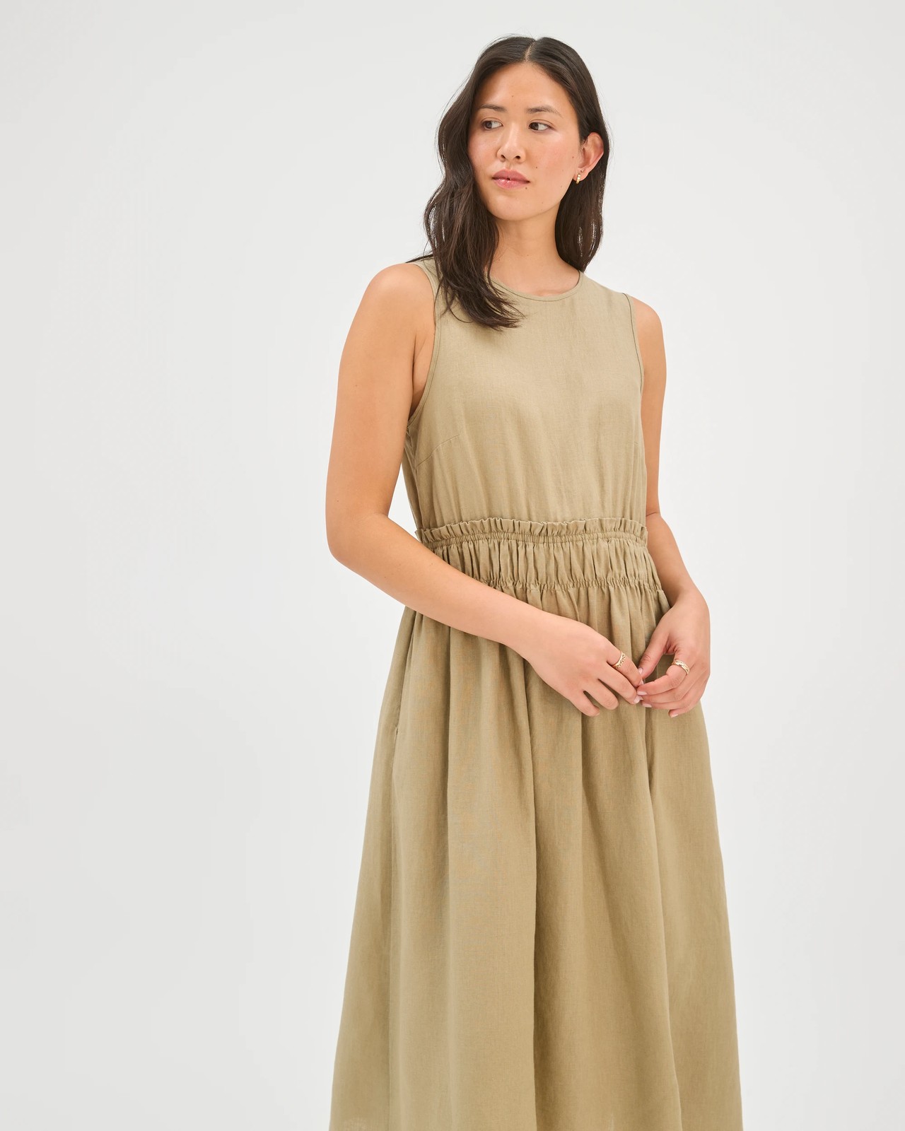 European Linen Sleeveless Waisted Midi Dress - Crushed Leaf 5 of 6