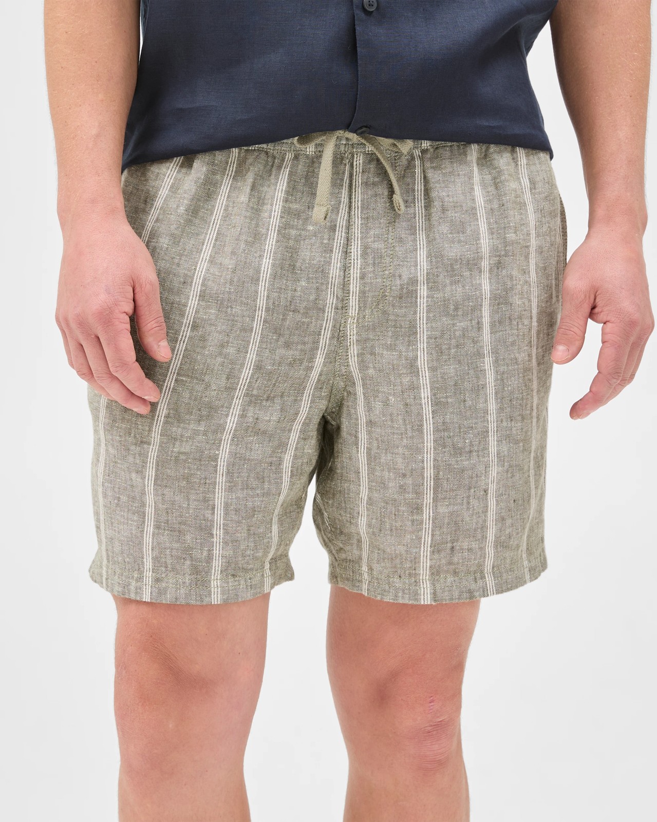 European Linen Elastic Waist Striped Shorts - Forest Fog 6 of 6