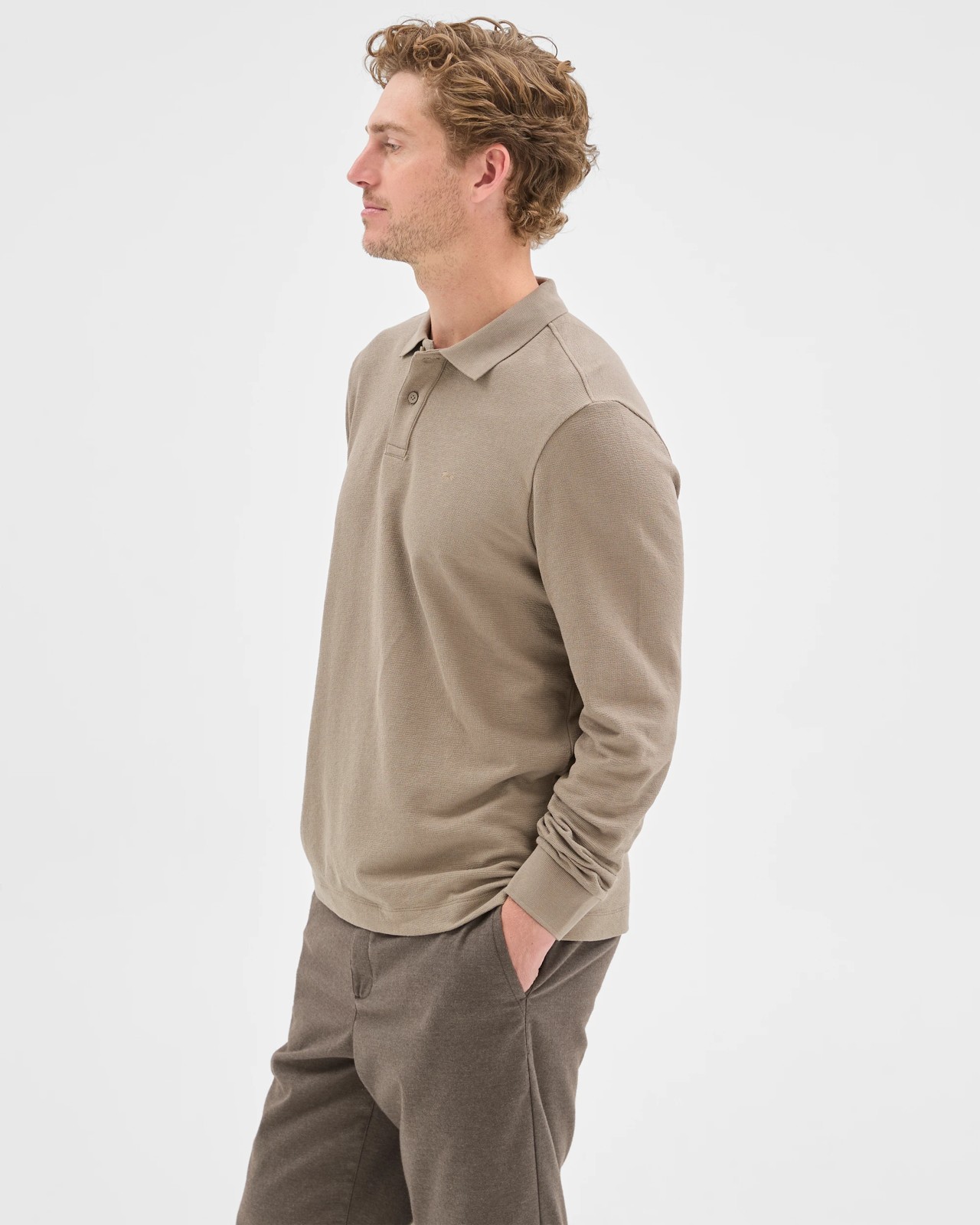 Australian Cotton Blend Boucle Polo Top - Mushroom 4 of 5