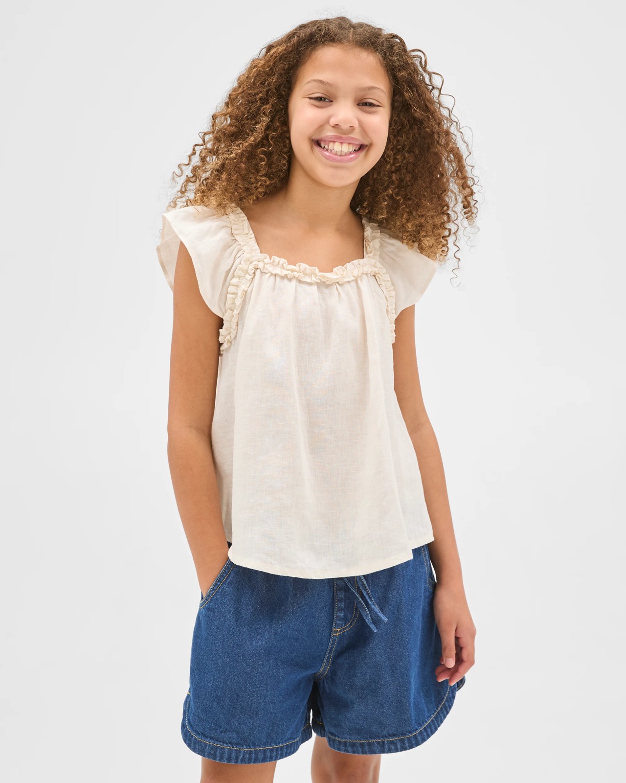 European Linen Flutter Sleeve Tank Top - Cream 2 of 6
